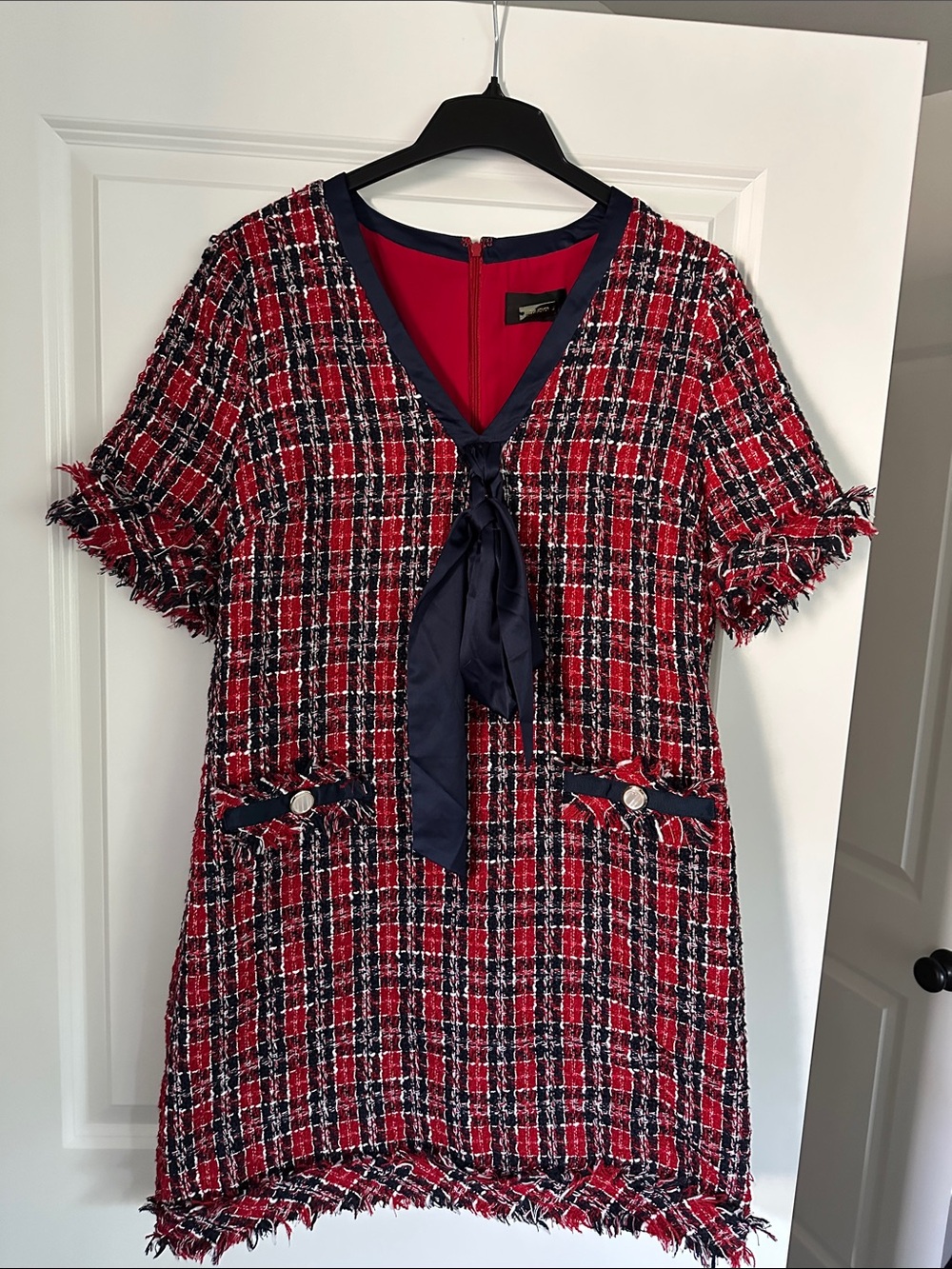 Alexia Admor Red Tweed Short-Sleeve Dress with Navy Bow Trim